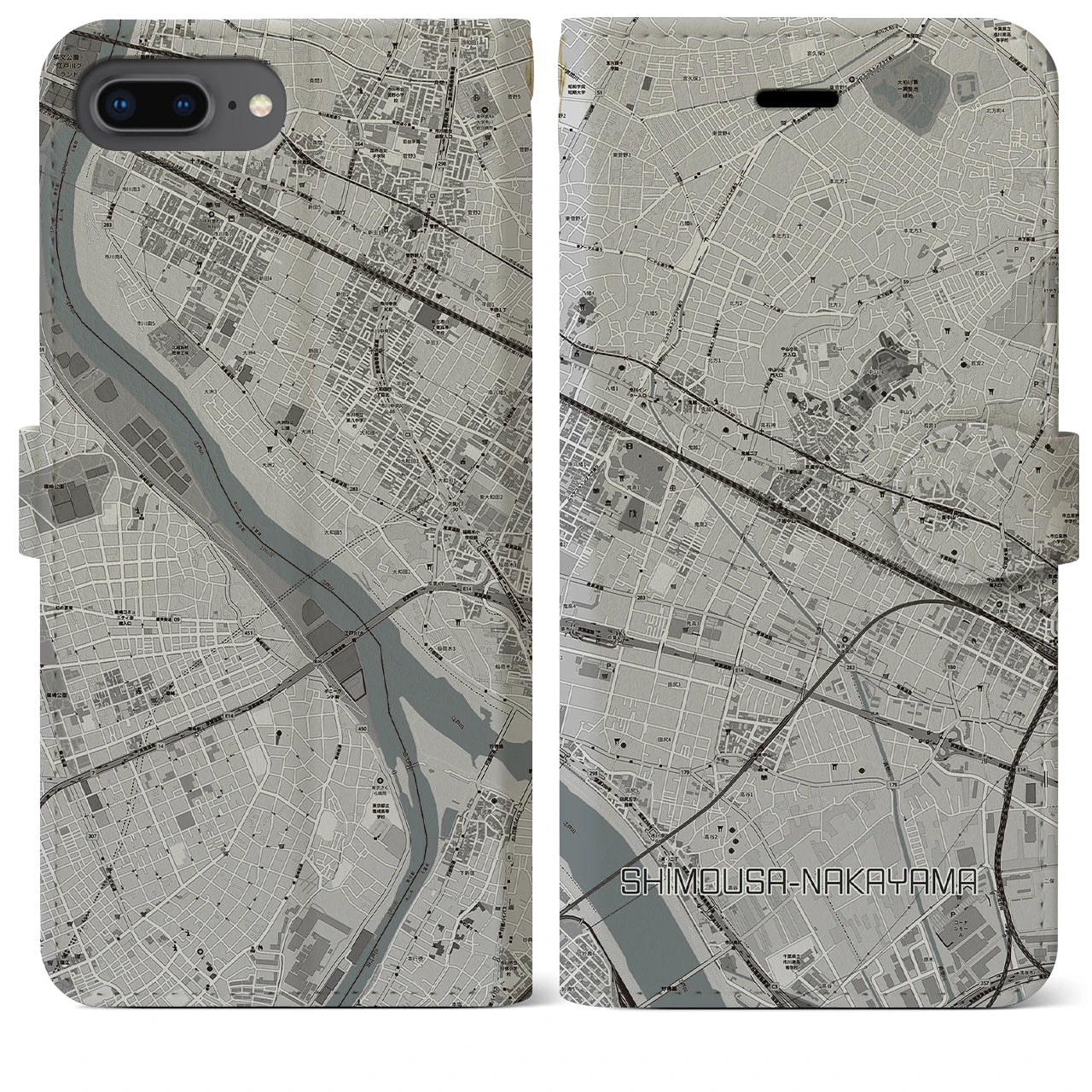 【下総中山(千葉県)】地図柄iPhoneケース(手帳タイプ)モノトーン・iPhone 8Plus /7Plus / 6sPlus / 6Plus 用