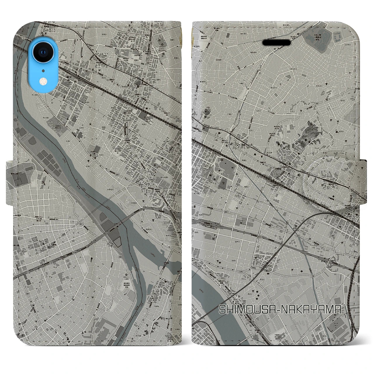 【下総中山(千葉県)】地図柄iPhoneケース(手帳タイプ)モノトーン・iPhone XR 用