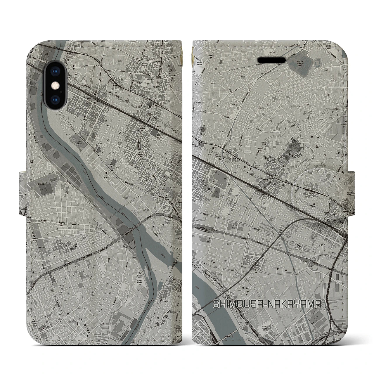 【下総中山(千葉県)】地図柄iPhoneケース(手帳タイプ)モノトーン・iPhone XS / X 用