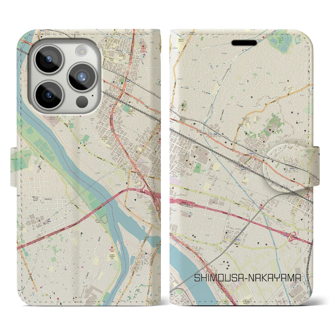 【下総中山(千葉県)】地図柄iPhoneケース(手帳タイプ)ナチュラル・iPhone 15 Pro 用