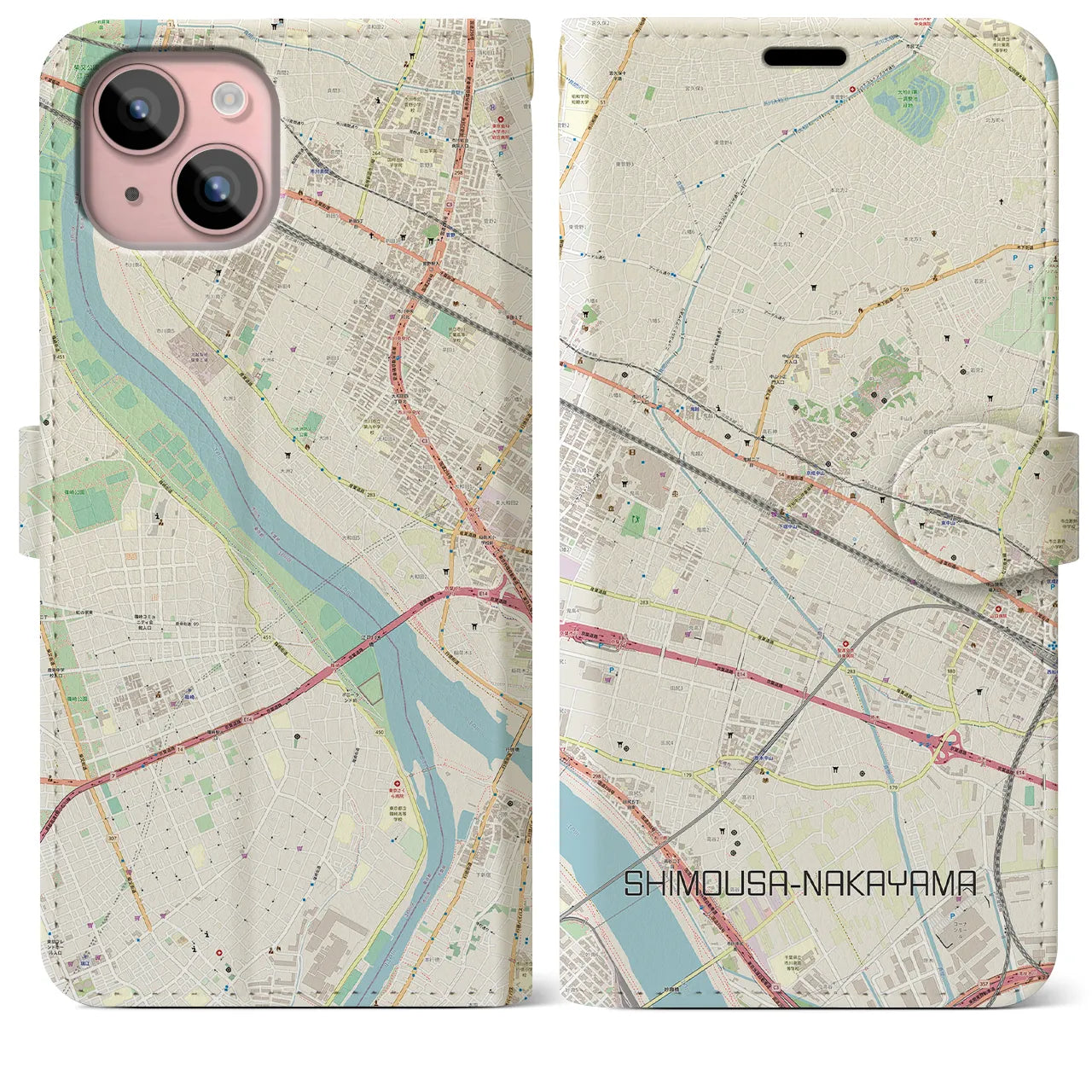 【下総中山(千葉県)】地図柄iPhoneケース(手帳タイプ)ナチュラル・iPhone 15 Plus 用