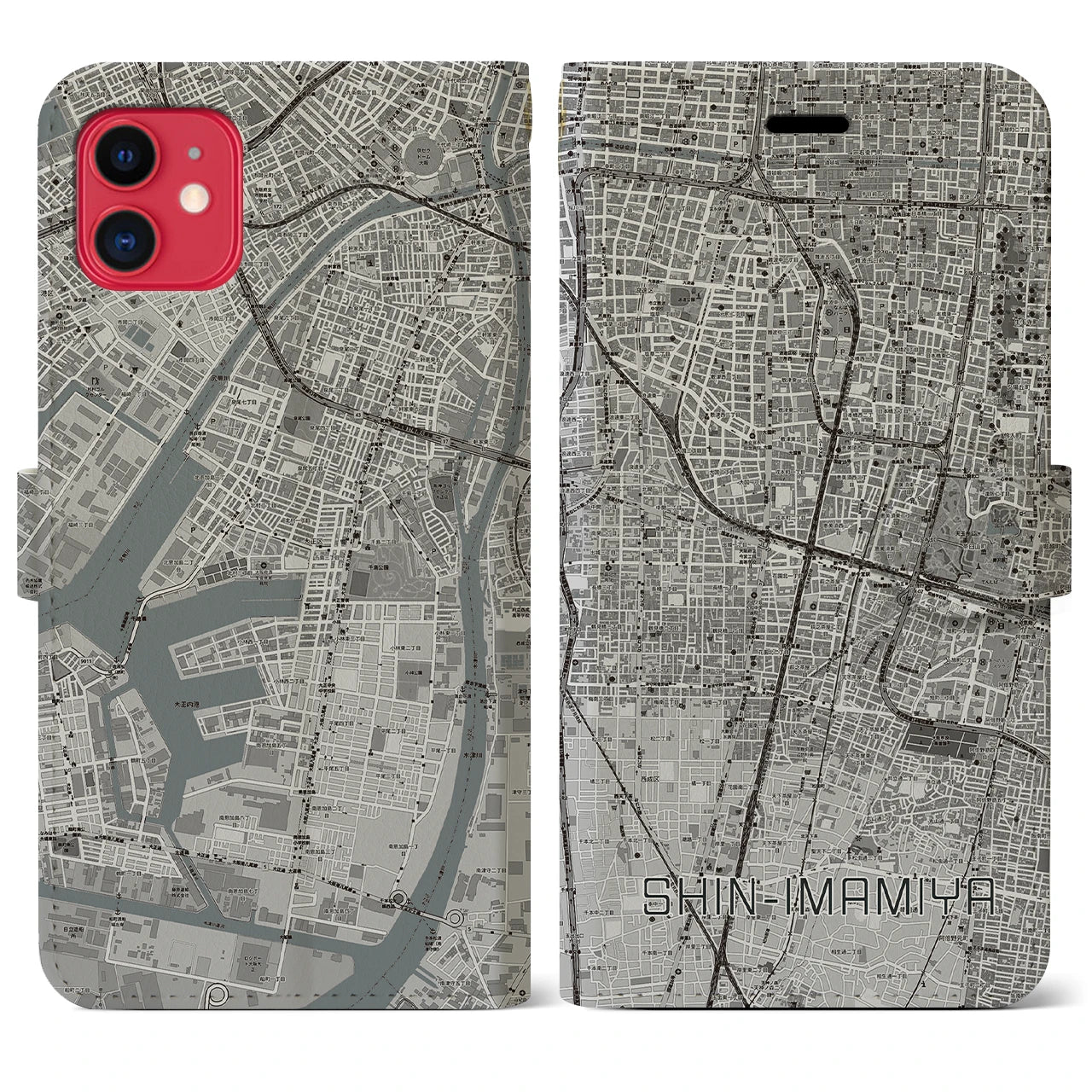 【新今宮(大阪府)】地図柄iPhoneケース(手帳タイプ)モノトーン・iPhone 11 用