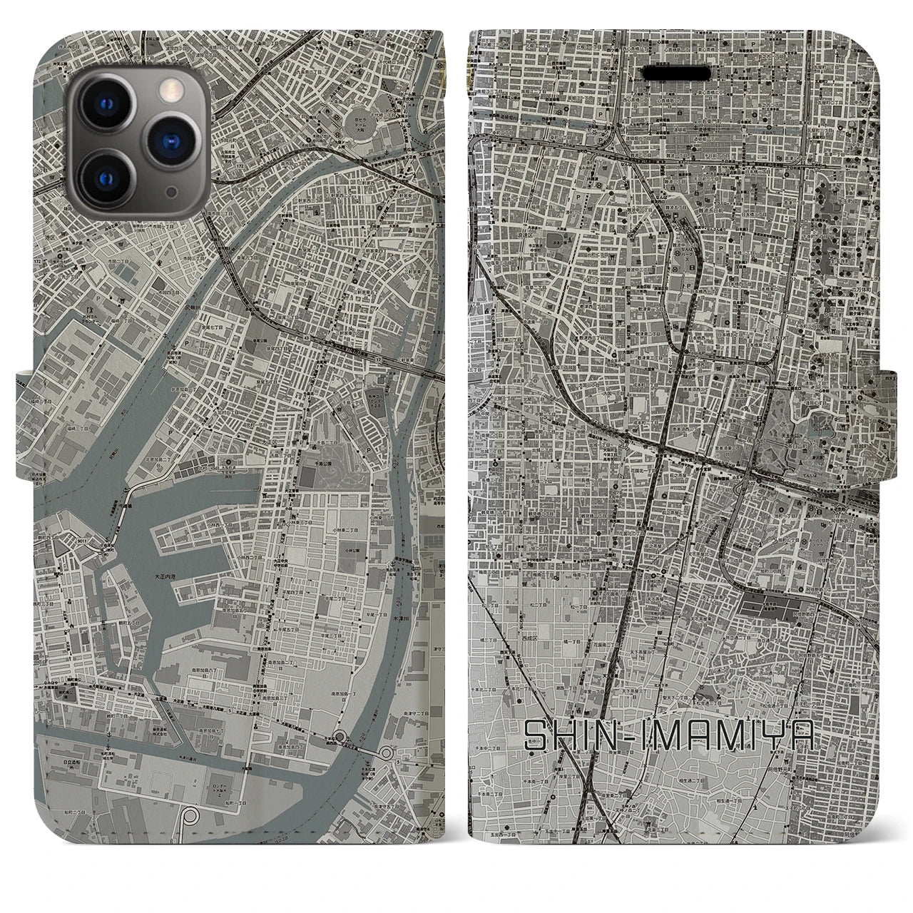 【新今宮(大阪府)】地図柄iPhoneケース(手帳タイプ)モノトーン・iPhone 11 Pro Max 用