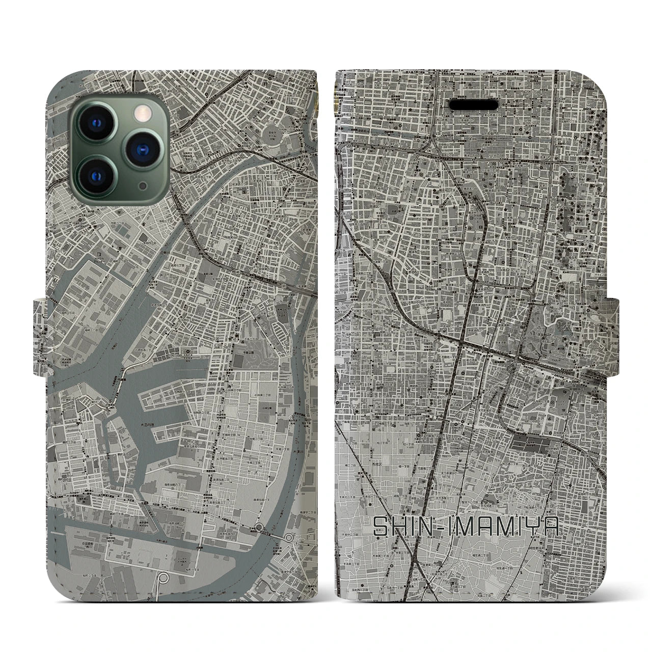 【新今宮(大阪府)】地図柄iPhoneケース(手帳タイプ)モノトーン・iPhone 11 Pro 用