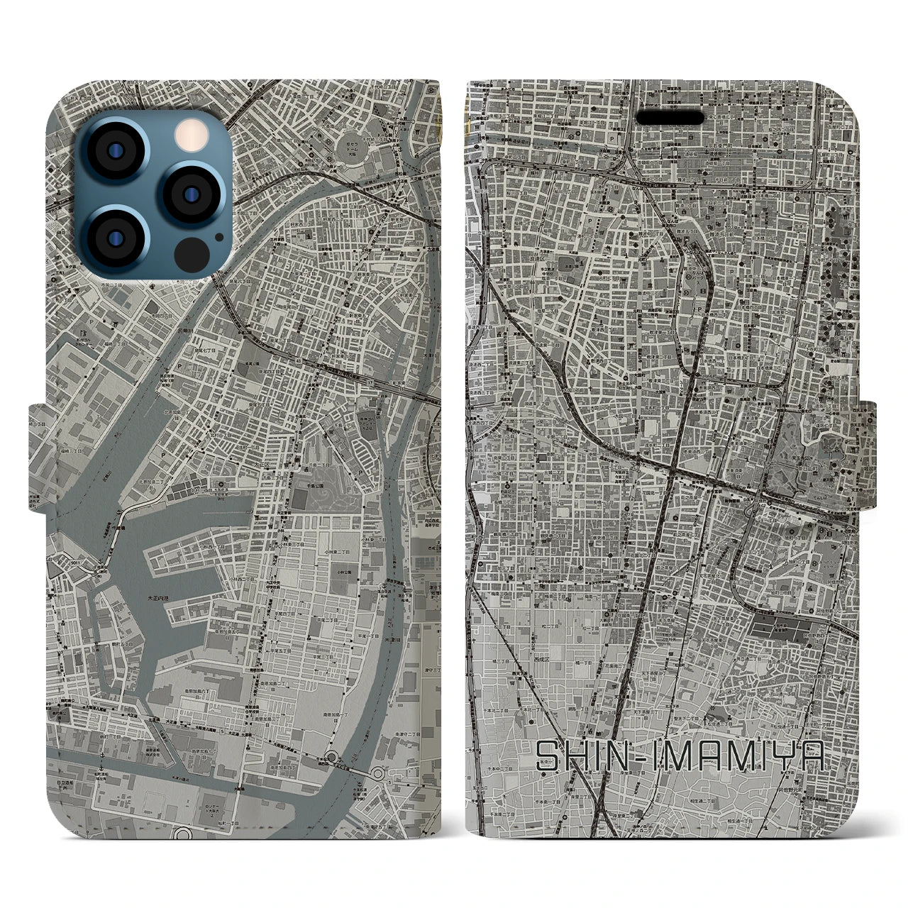【新今宮(大阪府)】地図柄iPhoneケース(手帳タイプ)モノトーン・iPhone 12 / 12 Pro 用