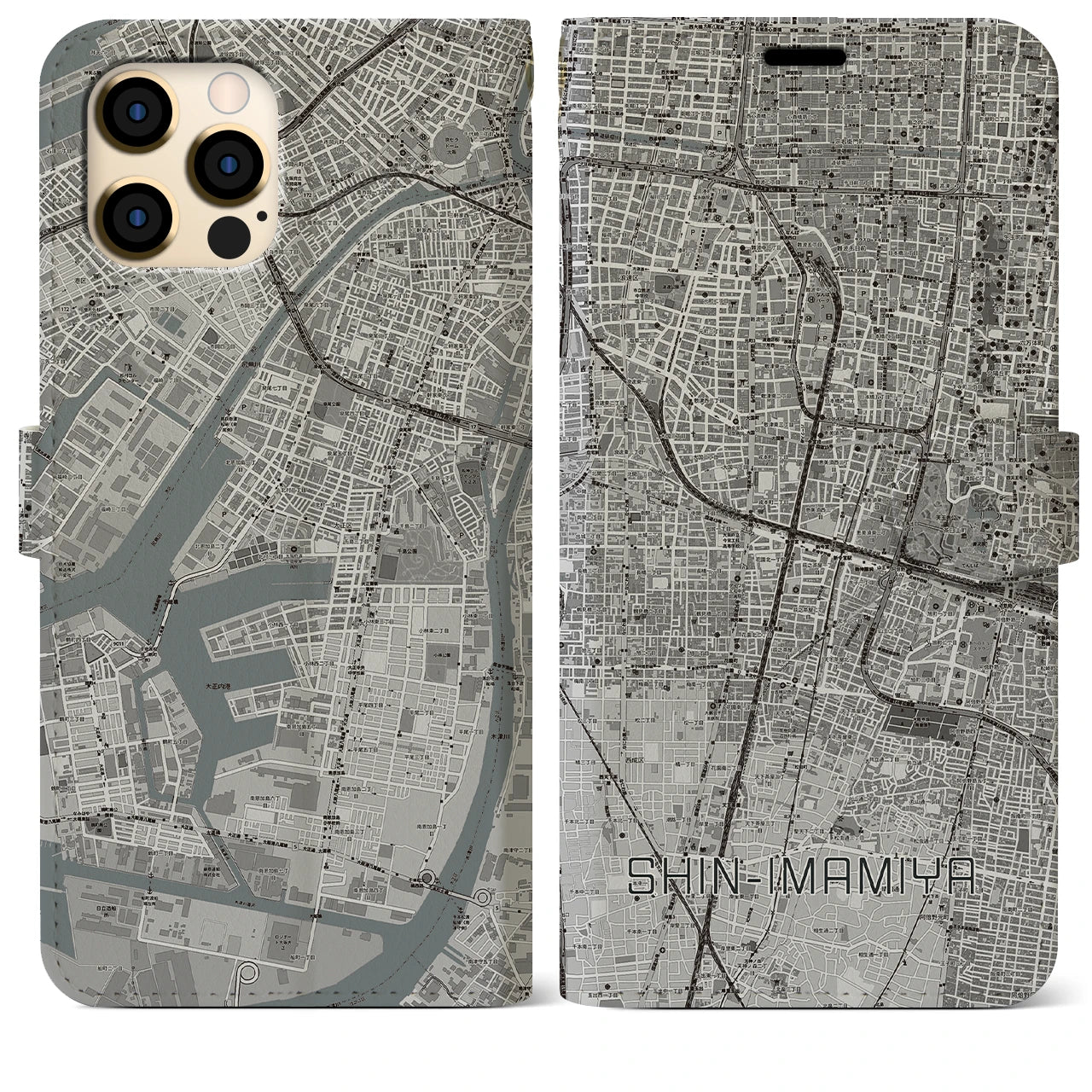 【新今宮(大阪府)】地図柄iPhoneケース(手帳タイプ)モノトーン・iPhone 12 Pro Max 用