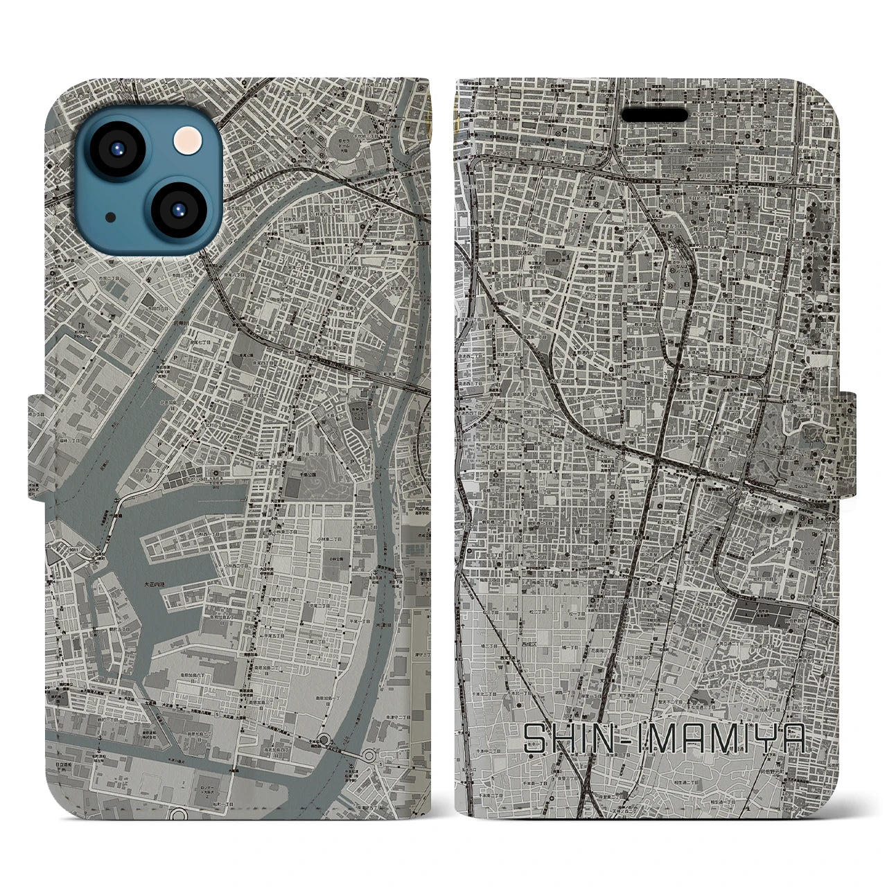【新今宮(大阪府)】地図柄iPhoneケース(手帳タイプ)モノトーン・iPhone 13 用