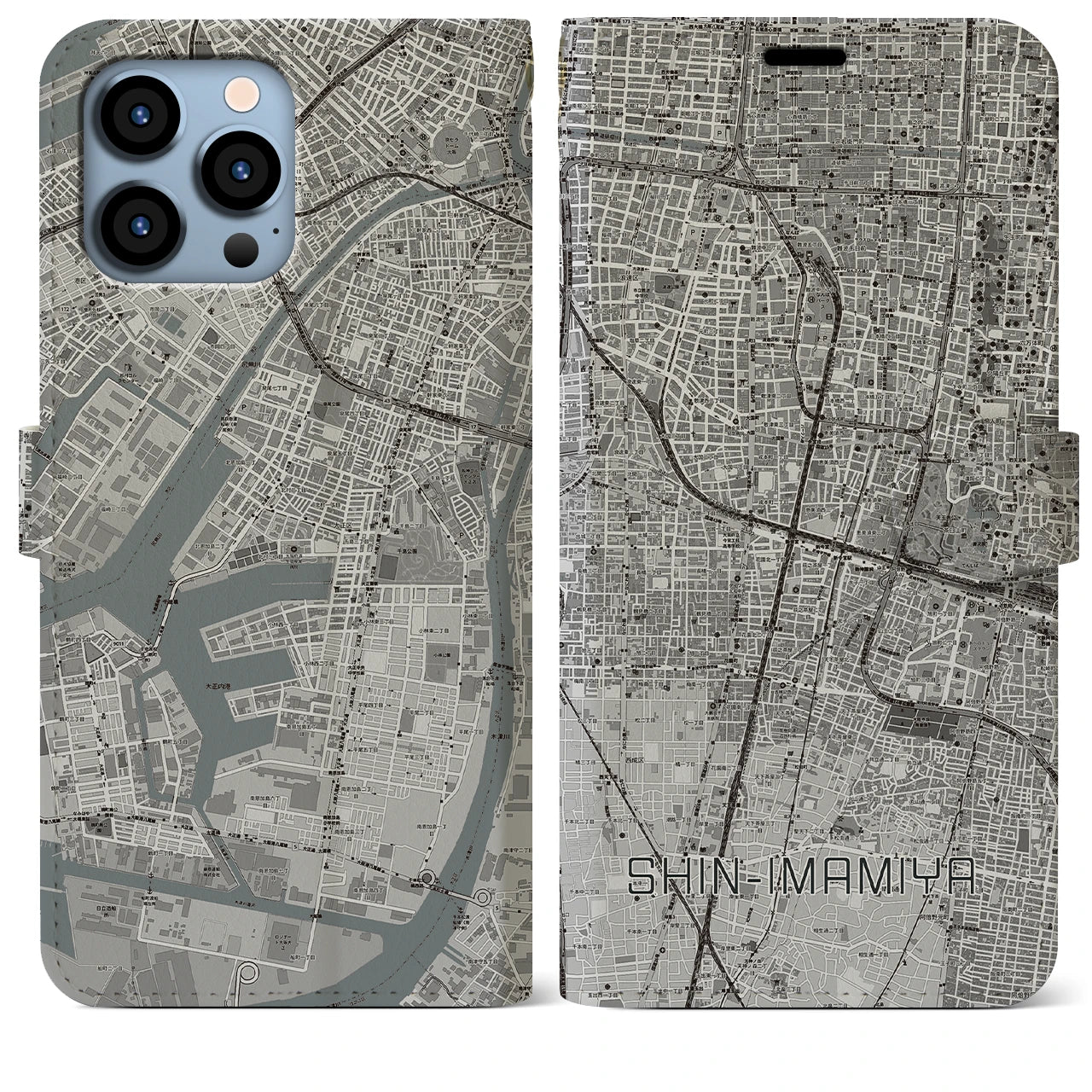 【新今宮(大阪府)】地図柄iPhoneケース(手帳タイプ)モノトーン・iPhone 13 Pro Max 用