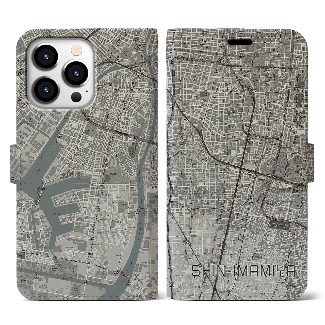 【新今宮(大阪府)】地図柄iPhoneケース(手帳タイプ)モノトーン・iPhone 13 Pro 用