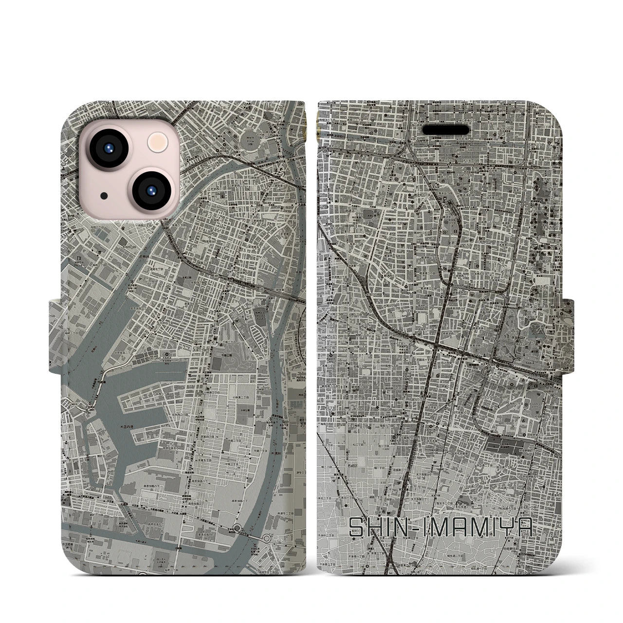 【新今宮(大阪府)】地図柄iPhoneケース(手帳タイプ)モノトーン・iPhone 13 mini 用