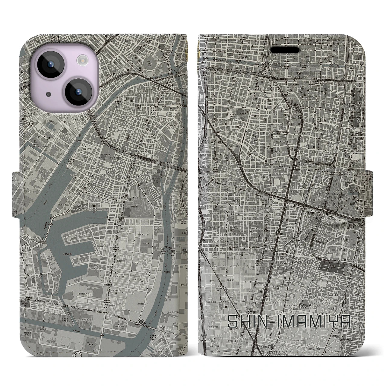 【新今宮(大阪府)】地図柄iPhoneケース(手帳タイプ)モノトーン・iPhone 14 用