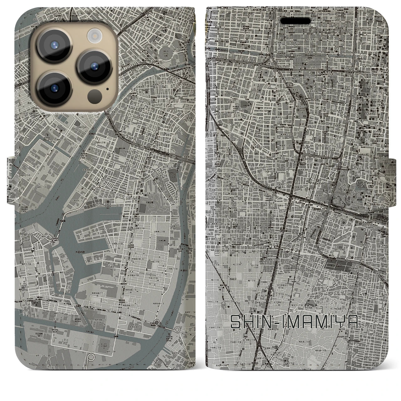 【新今宮(大阪府)】地図柄iPhoneケース(手帳タイプ)モノトーン・iPhone 14 Pro Max 用