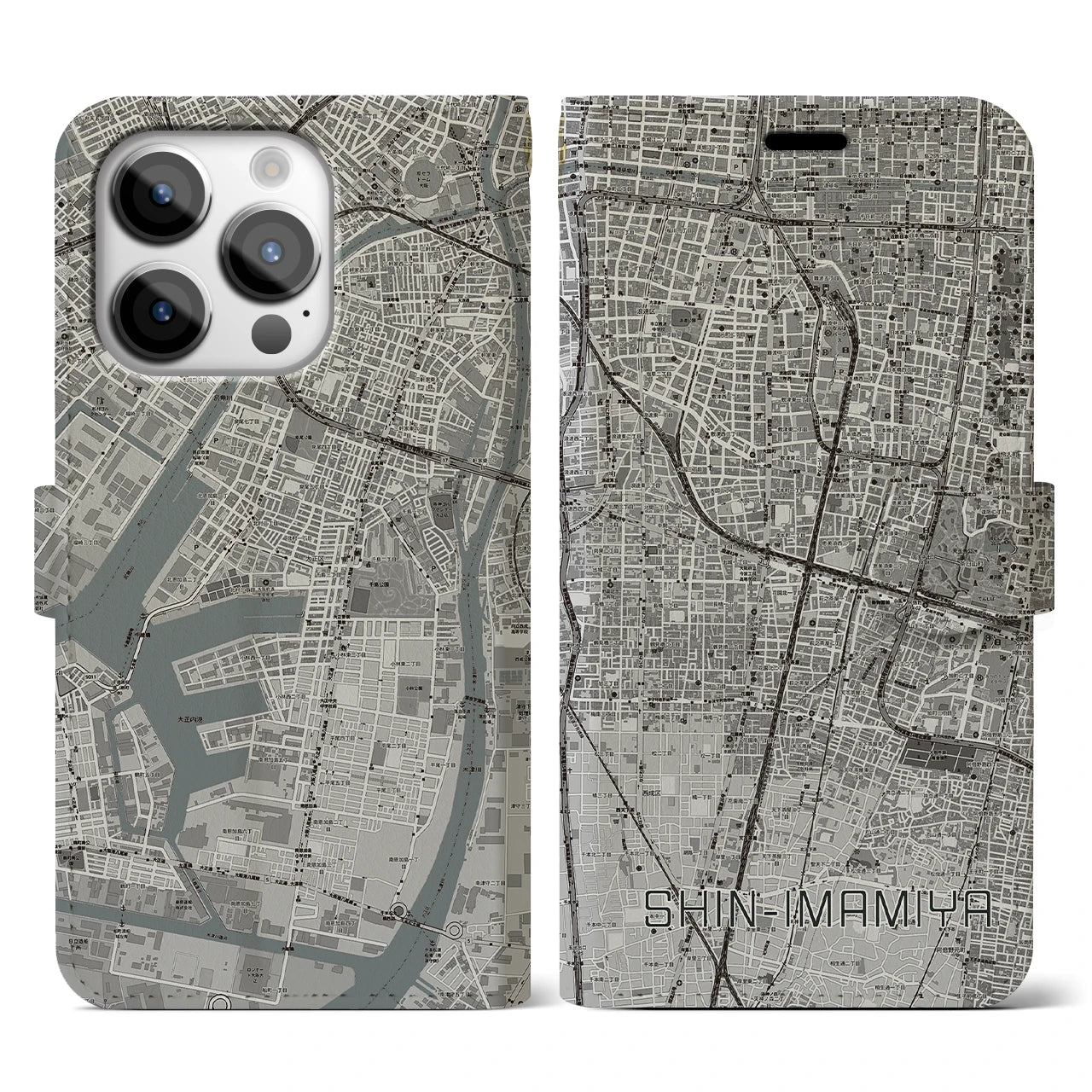 【新今宮(大阪府)】地図柄iPhoneケース(手帳タイプ)モノトーン・iPhone 14 Pro 用