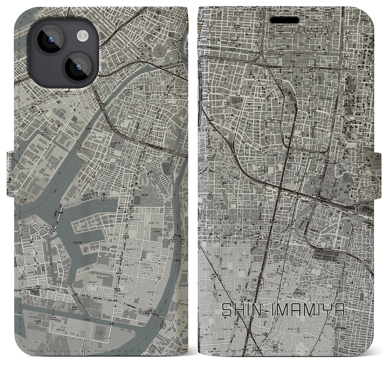 【新今宮(大阪府)】地図柄iPhoneケース(手帳タイプ)モノトーン・iPhone 14 Plus 用