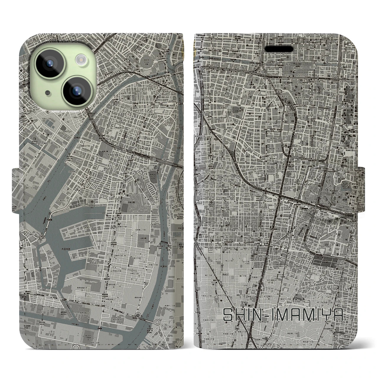 【新今宮(大阪府)】地図柄iPhoneケース(手帳タイプ)モノトーン・iPhone 15 用