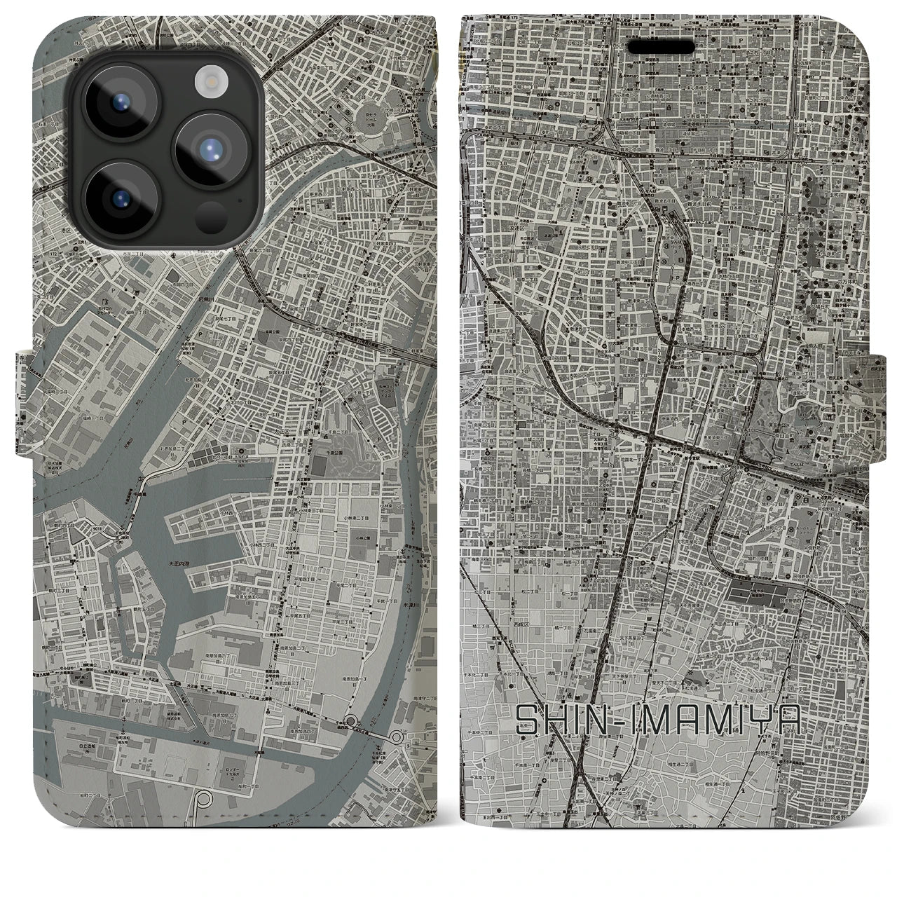 【新今宮(大阪府)】地図柄iPhoneケース(手帳タイプ)モノトーン・iPhone 15 Pro Max 用