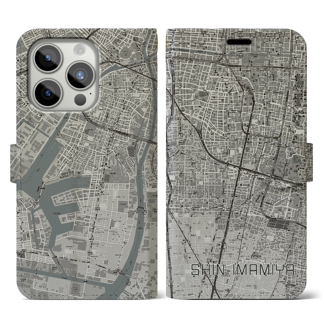 【新今宮(大阪府)】地図柄iPhoneケース(手帳タイプ)モノトーン・iPhone 15 Pro 用