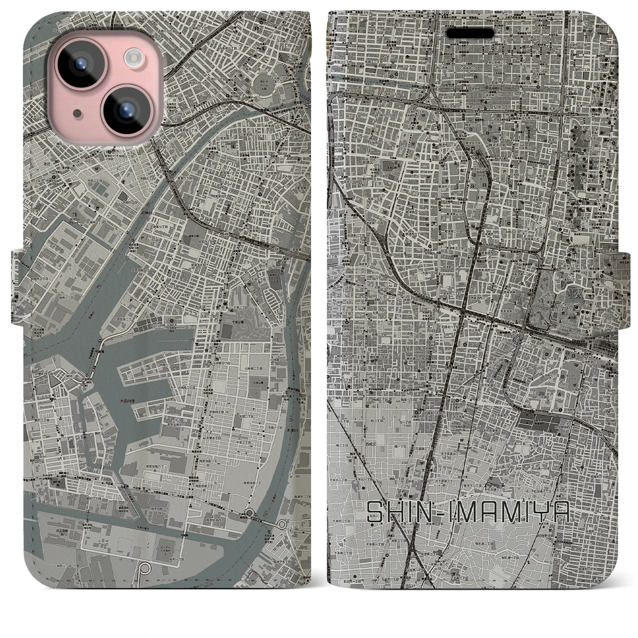 【新今宮(大阪府)】地図柄iPhoneケース(手帳タイプ)モノトーン・iPhone 15 Plus 用