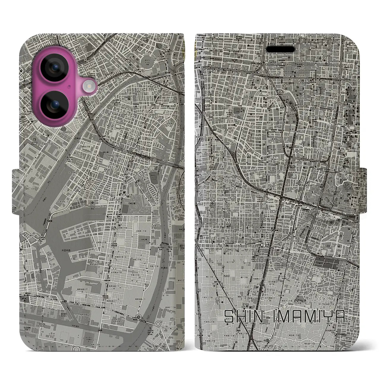 【新今宮(大阪府)】地図柄iPhoneケース(手帳タイプ)モノトーン・iPhone 16 Pro 用