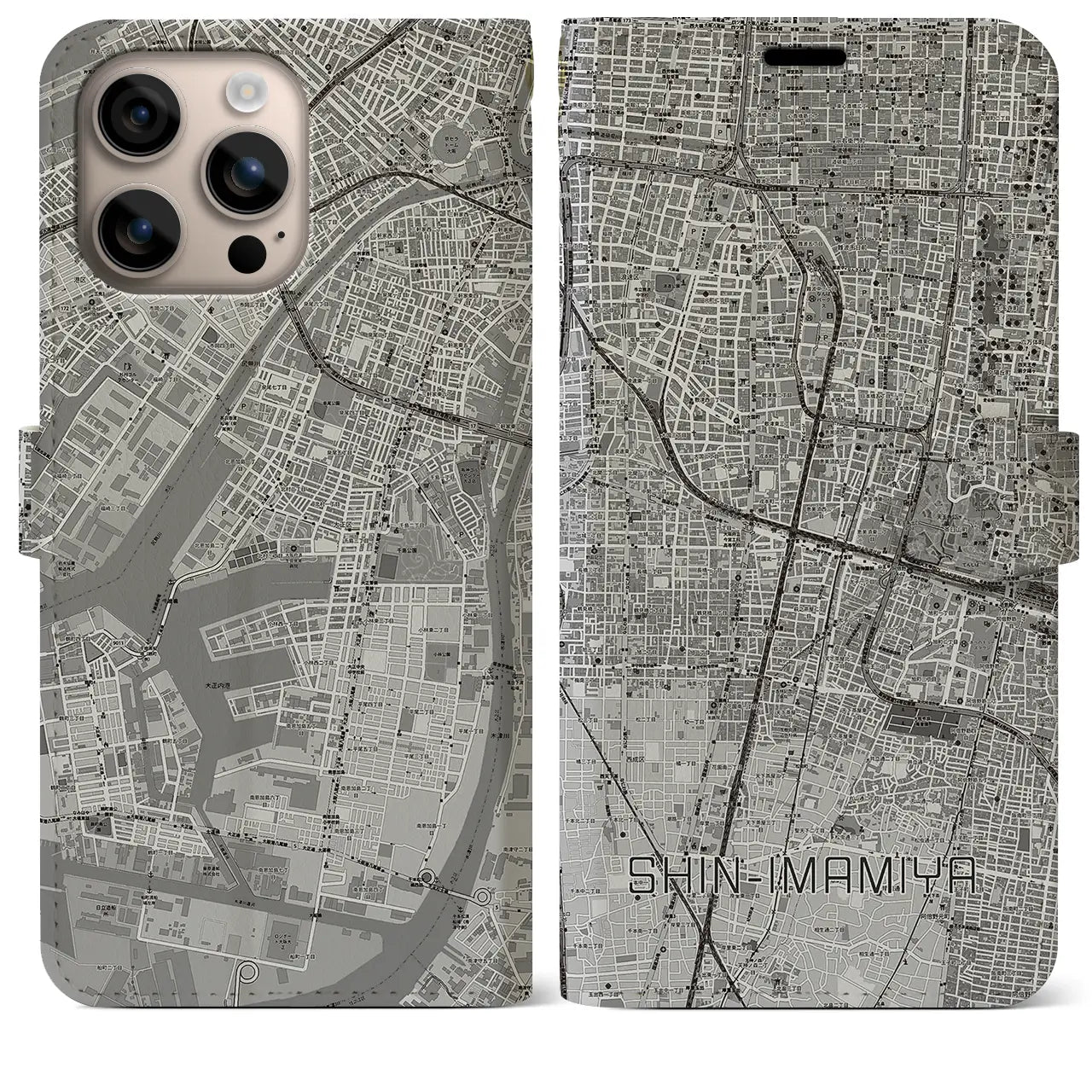 【新今宮(大阪府)】地図柄iPhoneケース(手帳タイプ)モノトーン・iPhone 16 Plus 用