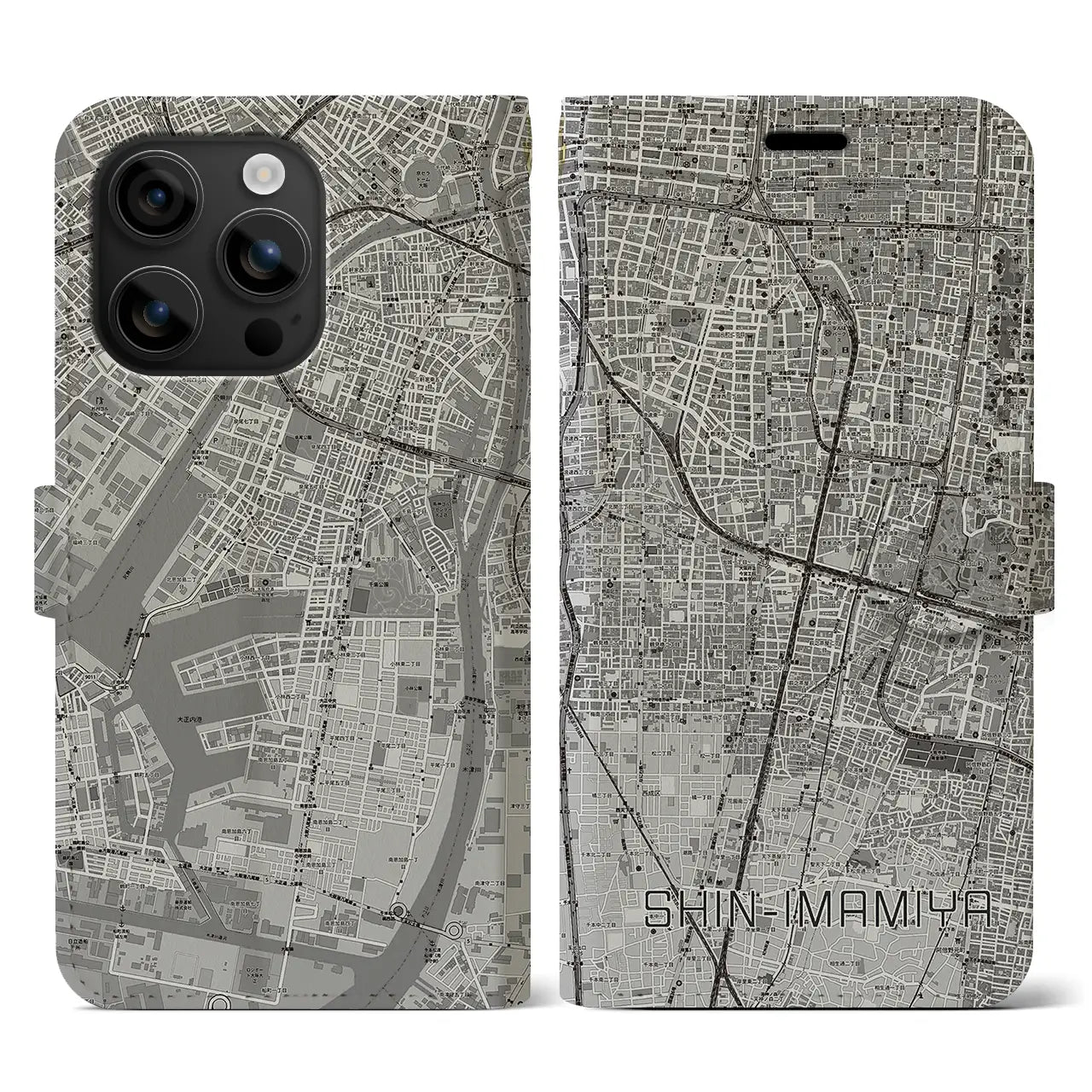 【新今宮(大阪府)】地図柄iPhoneケース(手帳タイプ)モノトーン・iPhone 16 用