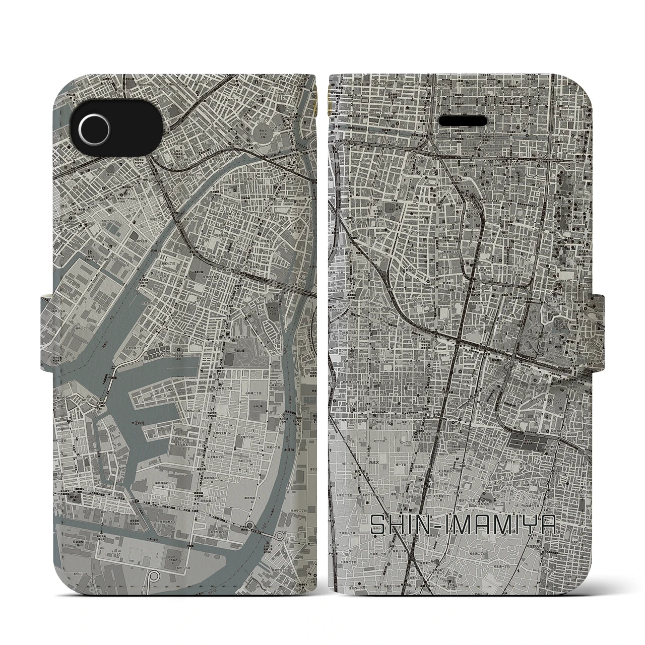 【新今宮(大阪府)】地図柄iPhoneケース(手帳タイプ)モノトーン・iPhone SE(第3 / 第2世代) / 8 / 7 / 6s / 6 用
