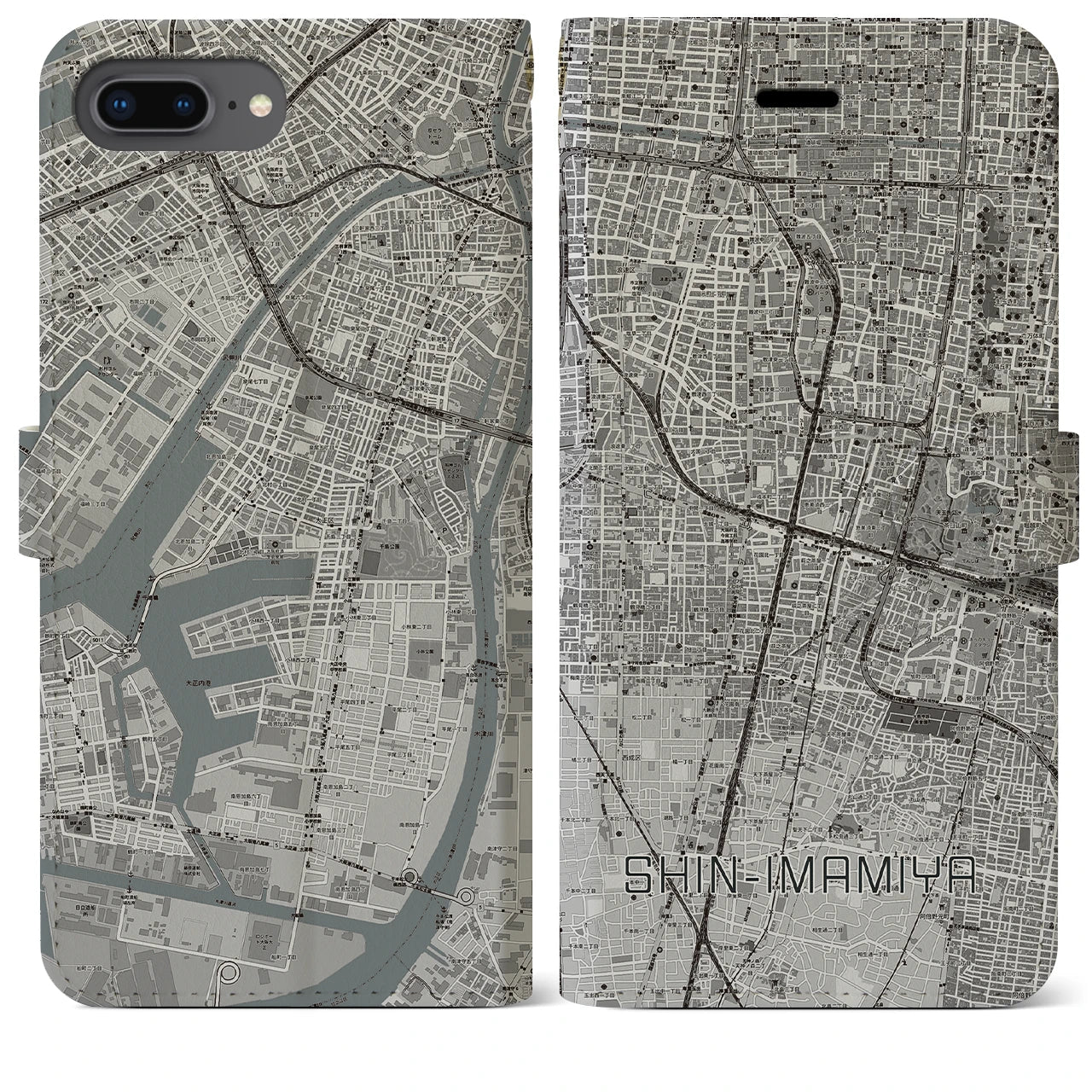 【新今宮(大阪府)】地図柄iPhoneケース(手帳タイプ)モノトーン・iPhone 8Plus /7Plus / 6sPlus / 6Plus 用