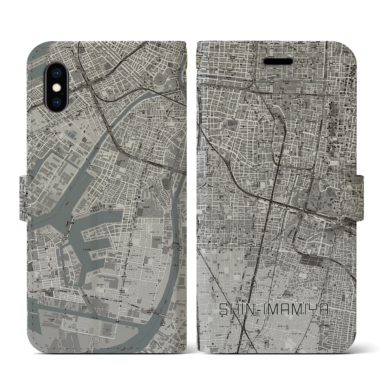 【新今宮(大阪府)】地図柄iPhoneケース(手帳タイプ)モノトーン・iPhone XS / X 用