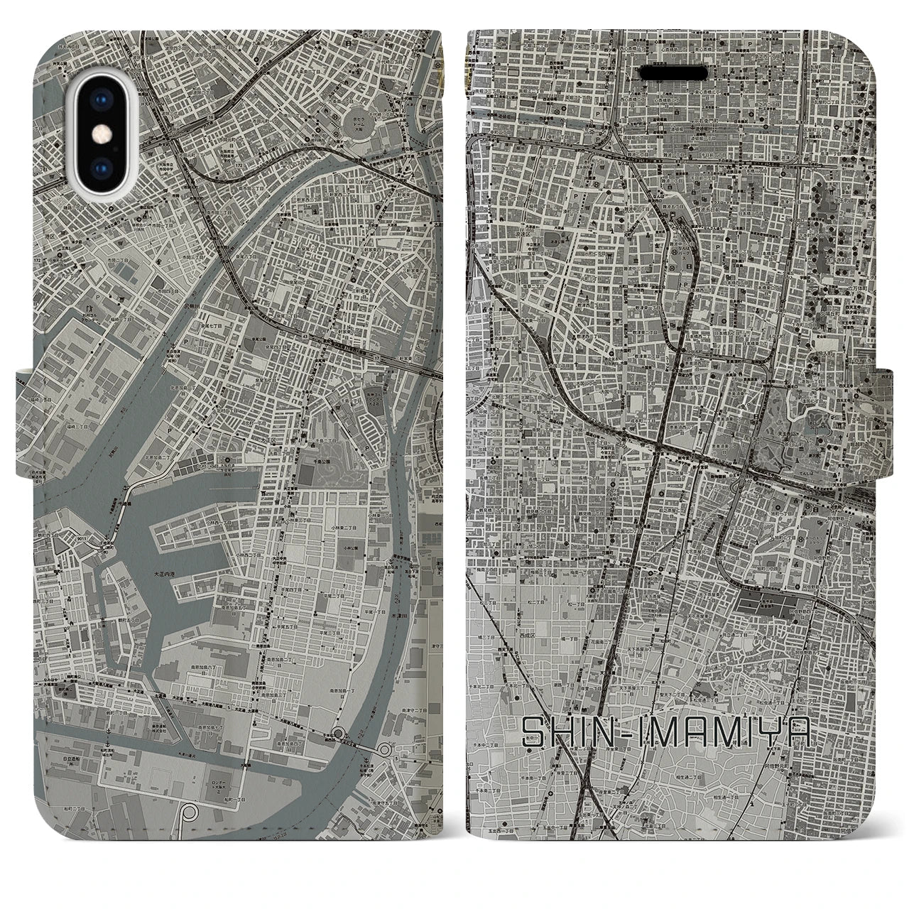 【新今宮(大阪府)】地図柄iPhoneケース(手帳タイプ)モノトーン・iPhone XS Max 用