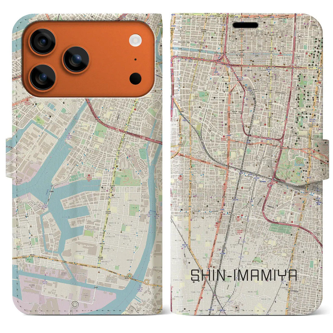 【新今宮(大阪府)】地図柄iPhoneケース(手帳タイプ)ナチュラル・iPhone 17 Pro Max 用