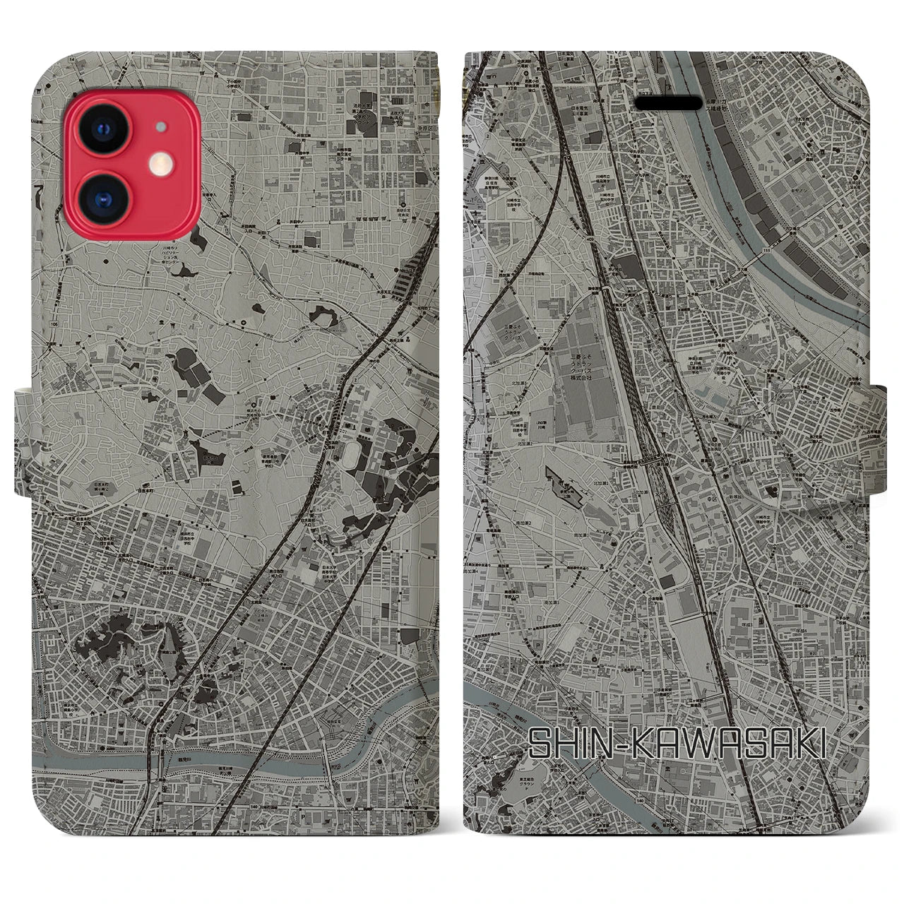 【新川崎(神奈川県)】地図柄iPhoneケース(手帳タイプ)モノトーン・iPhone 11 用