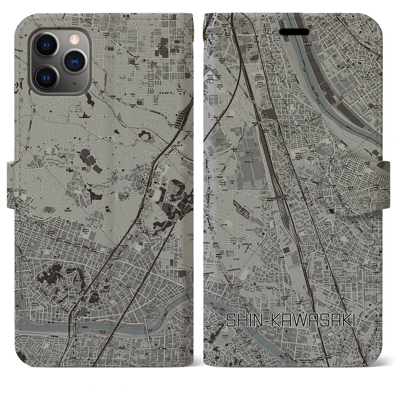 【新川崎(神奈川県)】地図柄iPhoneケース(手帳タイプ)モノトーン・iPhone 11 Pro Max 用
