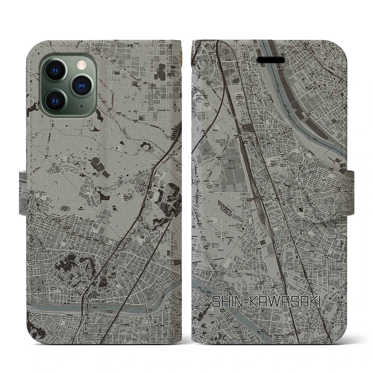 【新川崎(神奈川県)】地図柄iPhoneケース(手帳タイプ)モノトーン・iPhone 11 Pro 用
