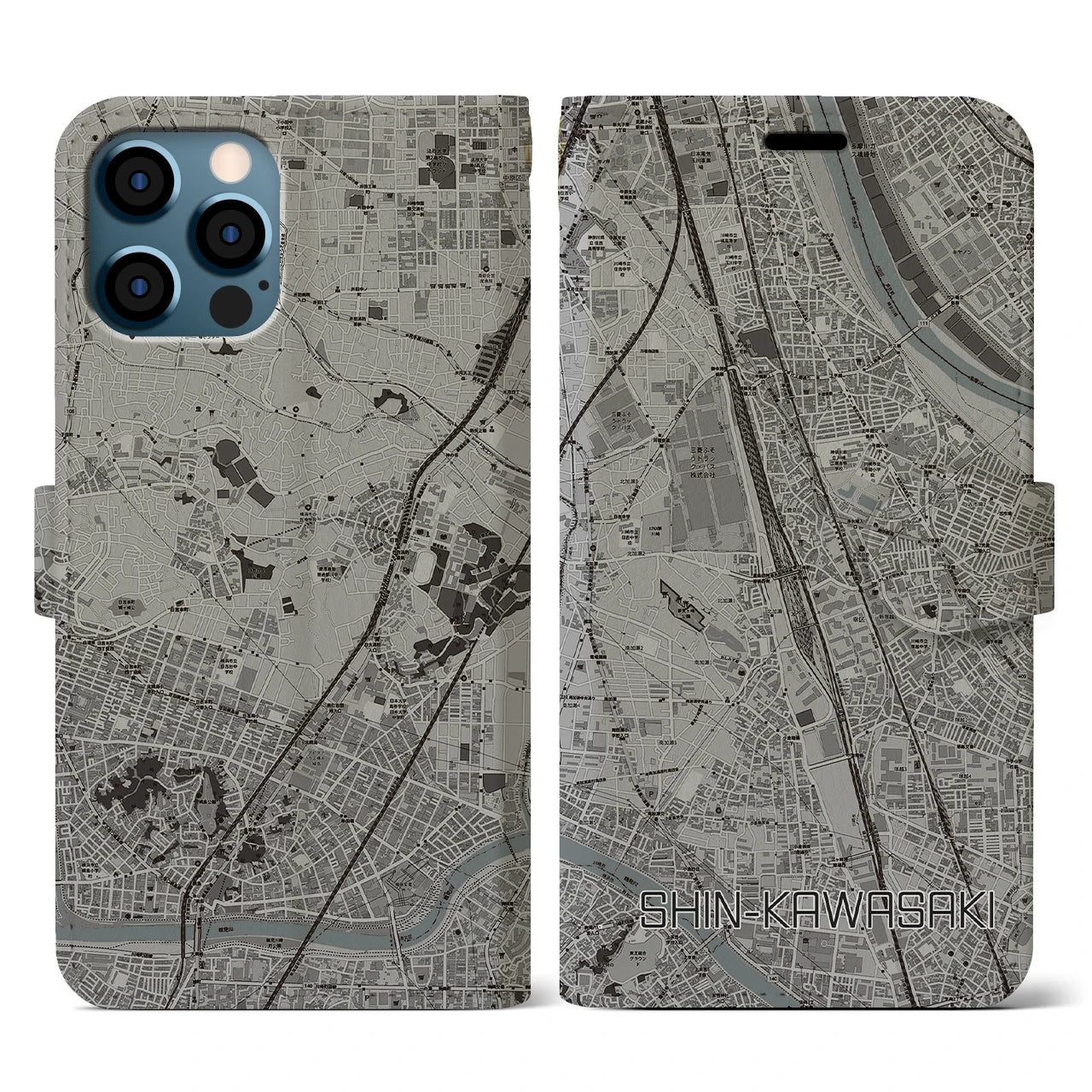 【新川崎(神奈川県)】地図柄iPhoneケース(手帳タイプ)モノトーン・iPhone 12 / 12 Pro 用