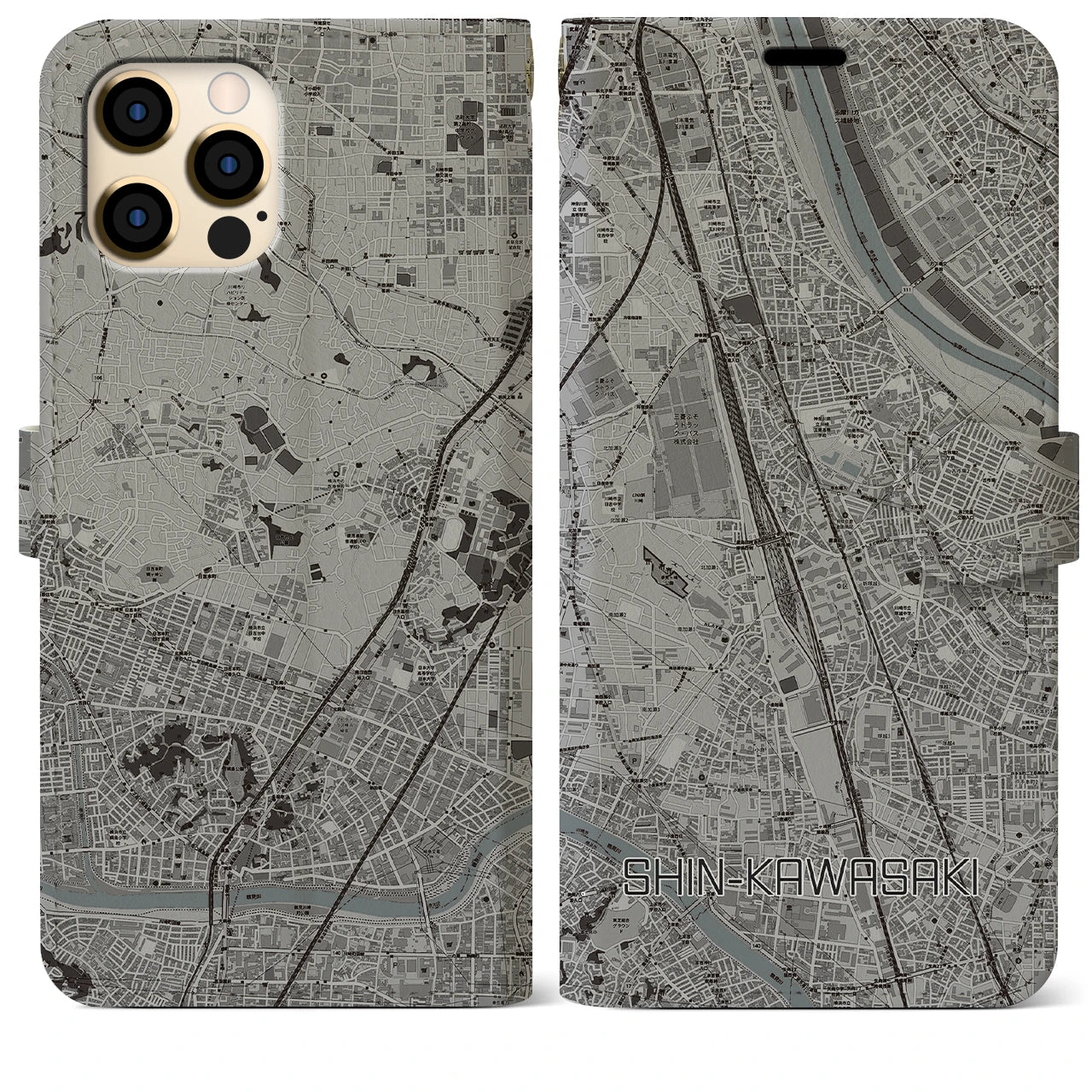【新川崎(神奈川県)】地図柄iPhoneケース(手帳タイプ)モノトーン・iPhone 12 Pro Max 用
