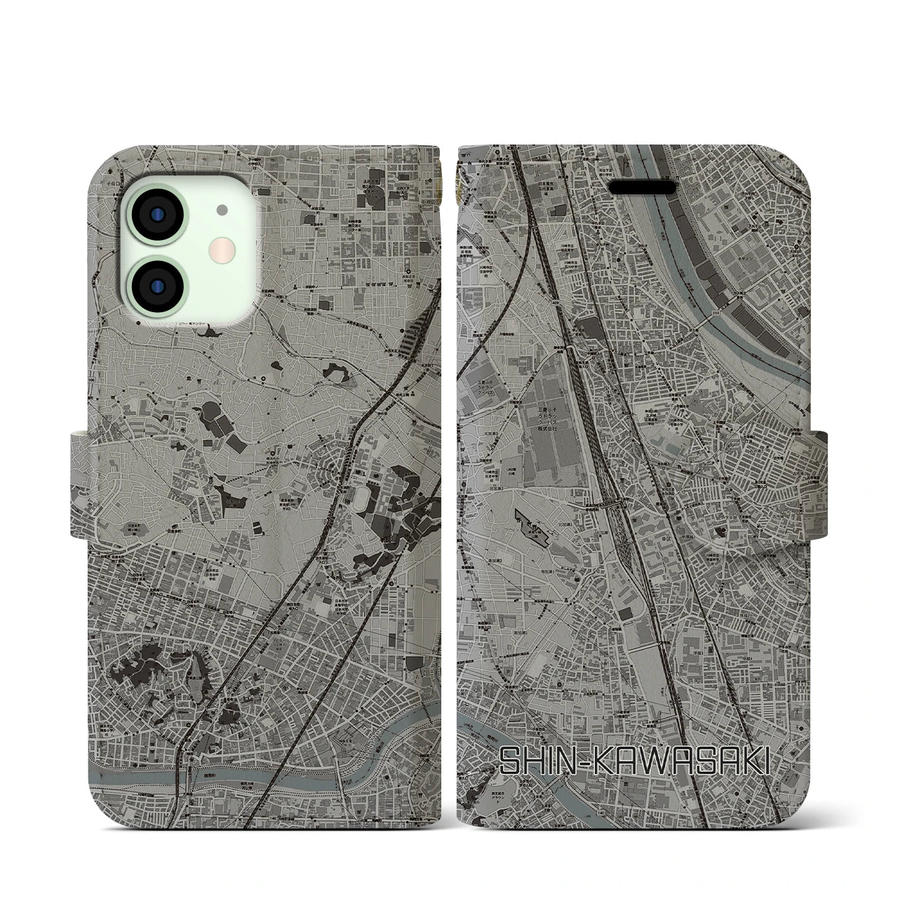 【新川崎(神奈川県)】地図柄iPhoneケース(手帳タイプ)モノトーン・iPhone 12 mini 用