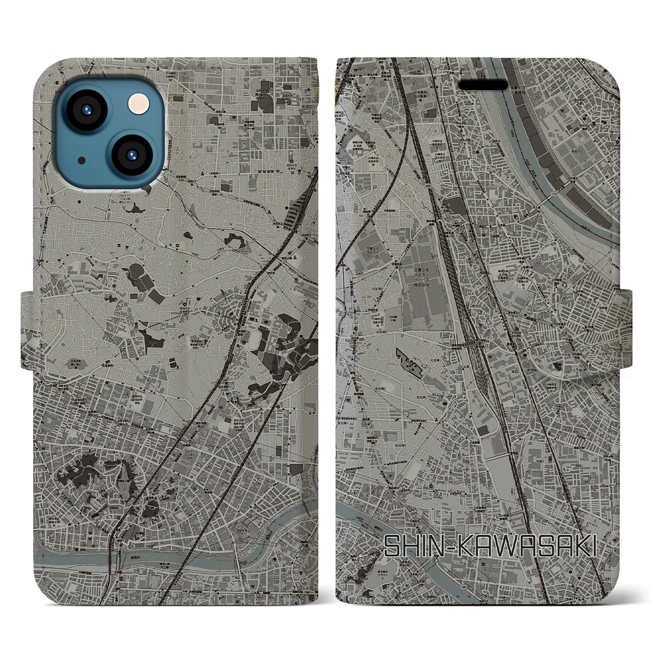 【新川崎(神奈川県)】地図柄iPhoneケース(手帳タイプ)モノトーン・iPhone 13 用