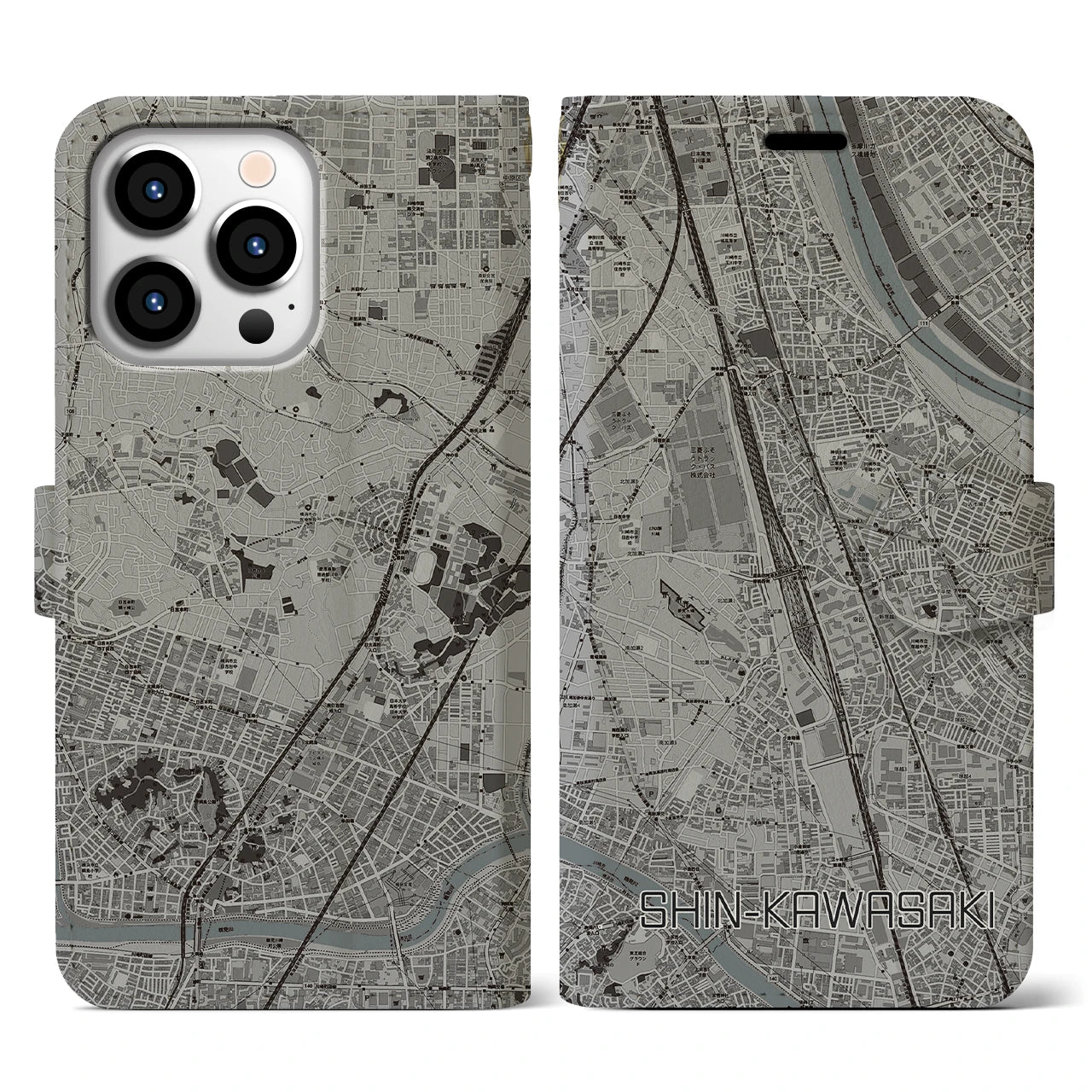 【新川崎(神奈川県)】地図柄iPhoneケース(手帳タイプ)モノトーン・iPhone 13 Pro 用