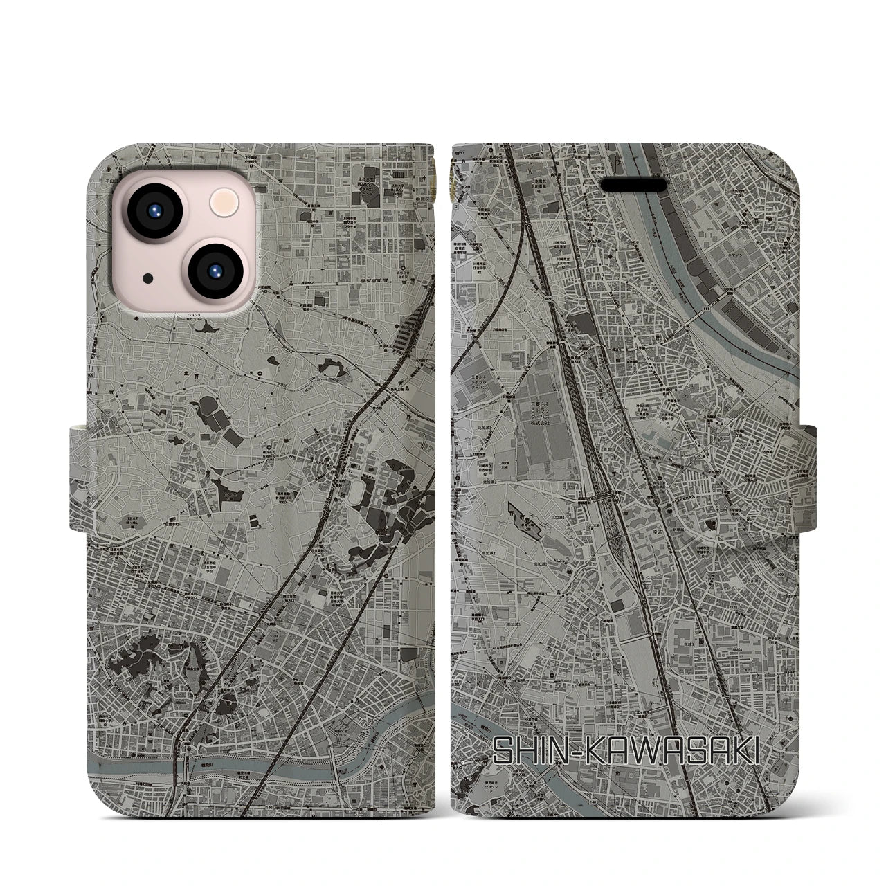【新川崎(神奈川県)】地図柄iPhoneケース(手帳タイプ)モノトーン・iPhone 13 mini 用