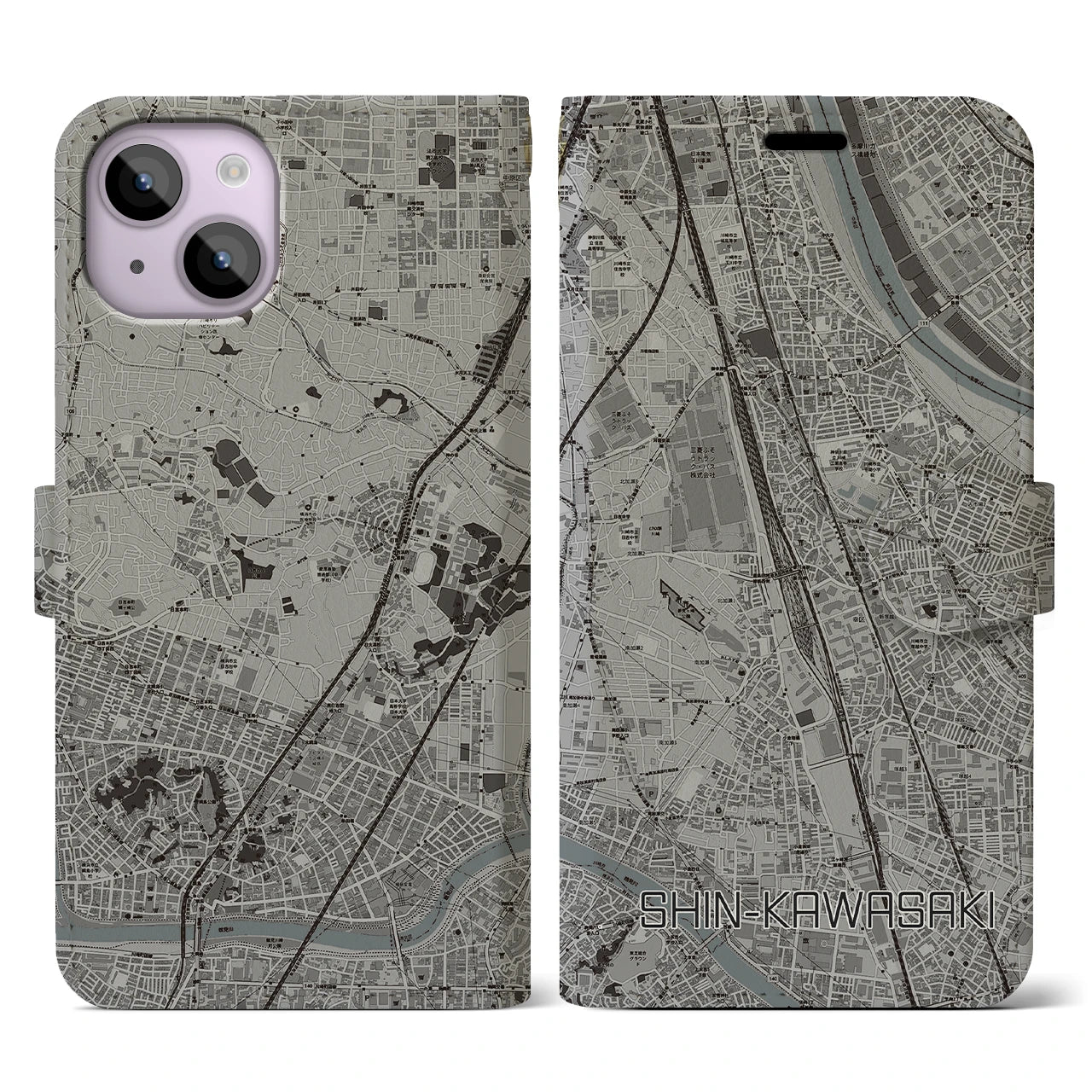 【新川崎(神奈川県)】地図柄iPhoneケース(手帳タイプ)モノトーン・iPhone 14 用