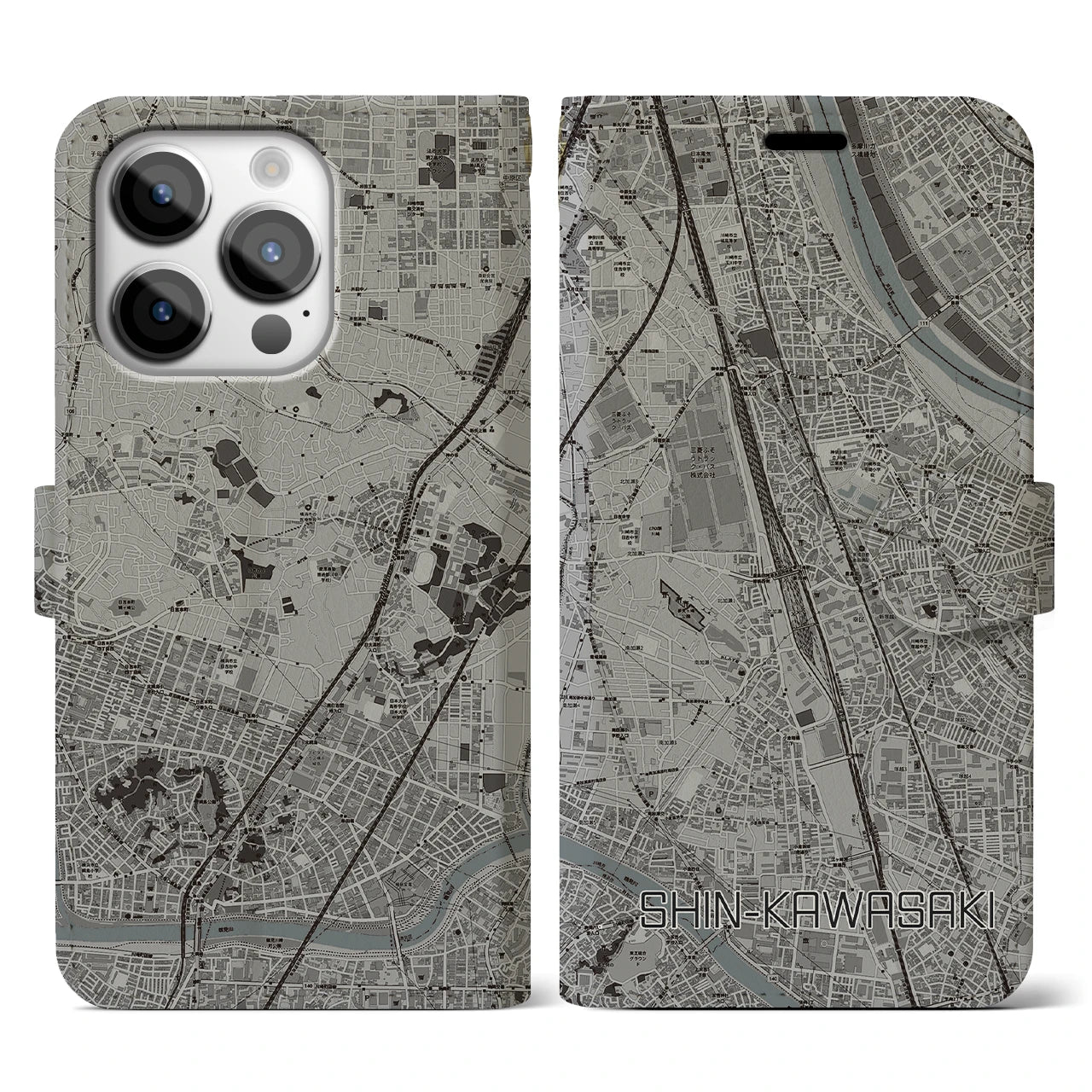 【新川崎(神奈川県)】地図柄iPhoneケース(手帳タイプ)モノトーン・iPhone 14 Pro 用