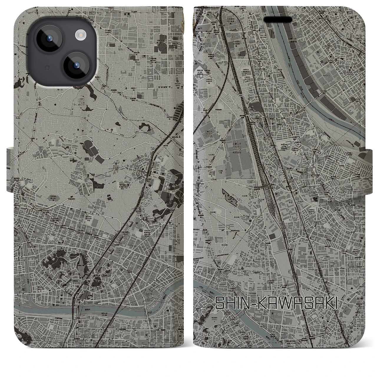 【新川崎(神奈川県)】地図柄iPhoneケース(手帳タイプ)モノトーン・iPhone 14 Plus 用