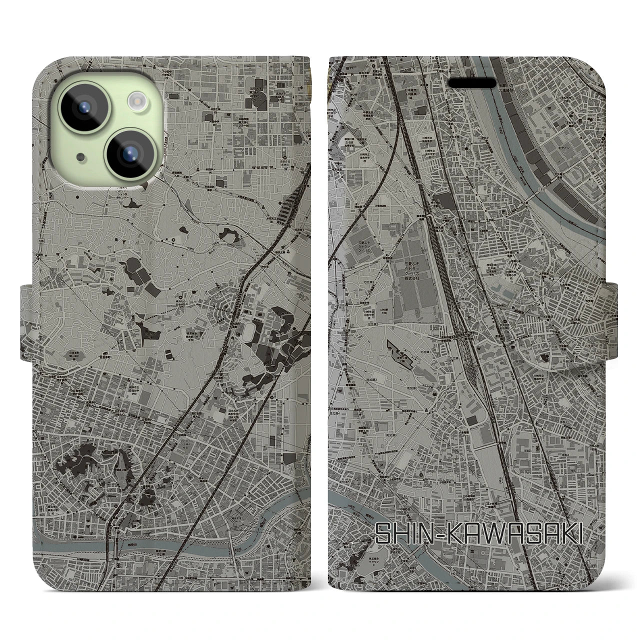 【新川崎(神奈川県)】地図柄iPhoneケース(手帳タイプ)モノトーン・iPhone 15 用