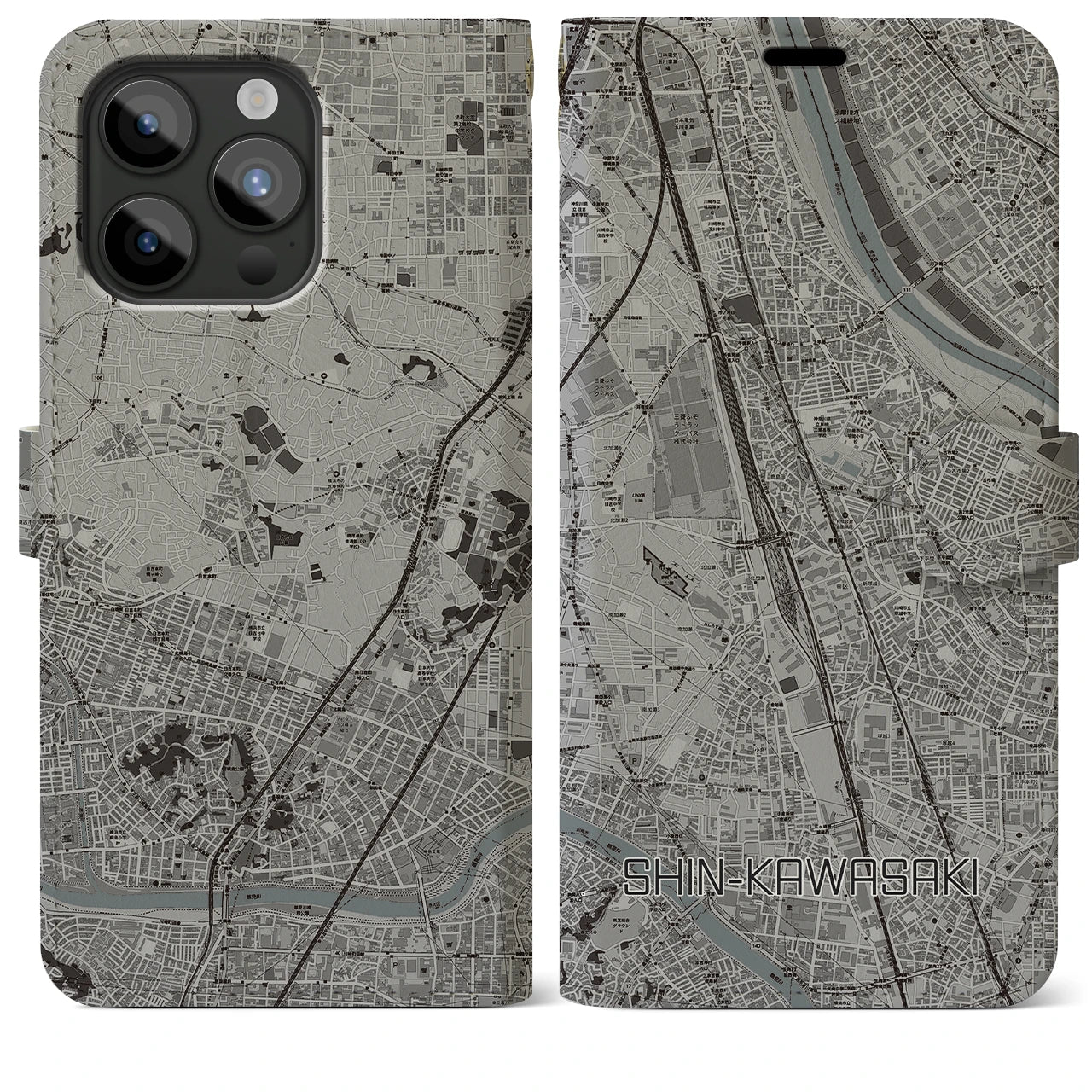 【新川崎(神奈川県)】地図柄iPhoneケース(手帳タイプ)モノトーン・iPhone 15 Pro Max 用