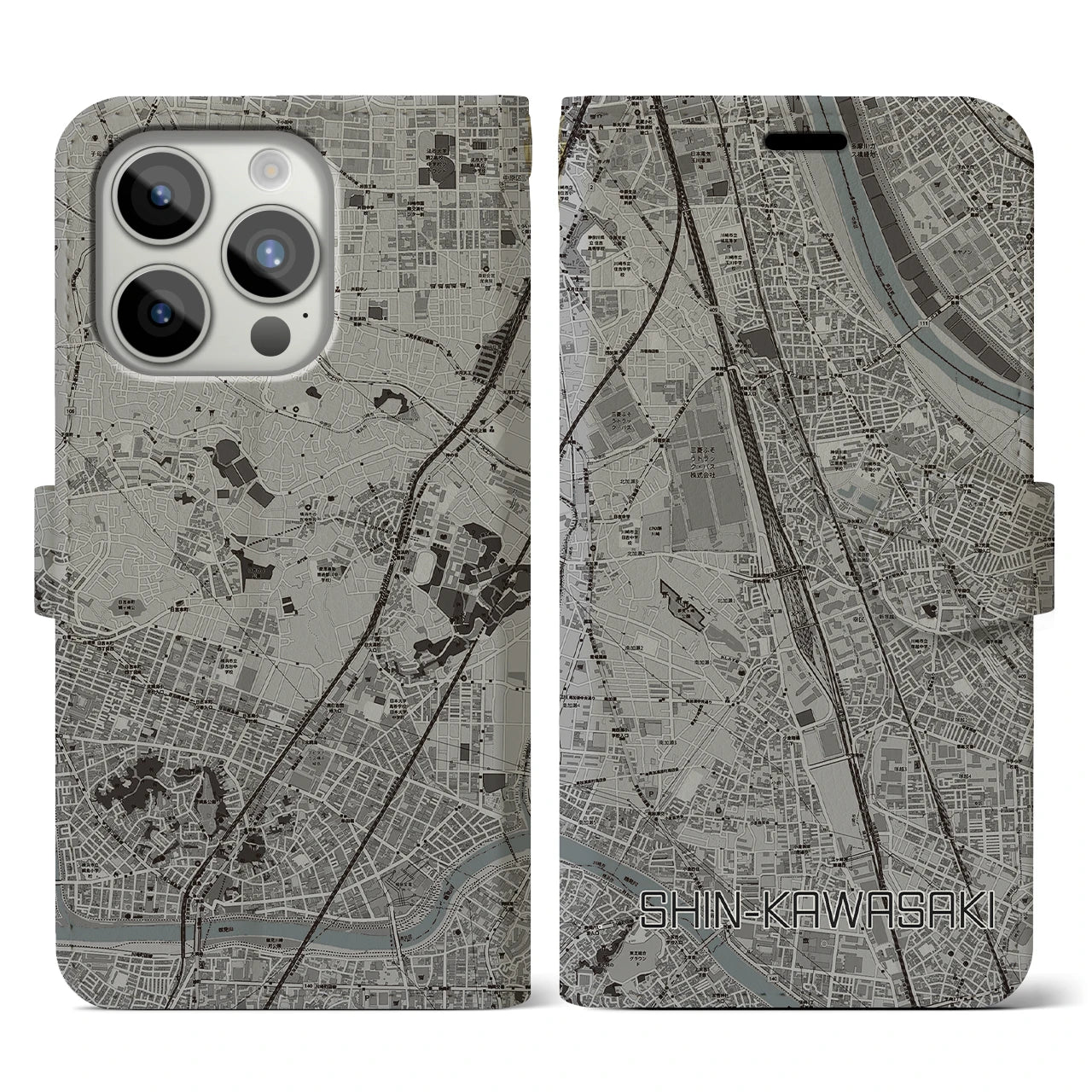 【新川崎(神奈川県)】地図柄iPhoneケース(手帳タイプ)モノトーン・iPhone 15 Pro 用