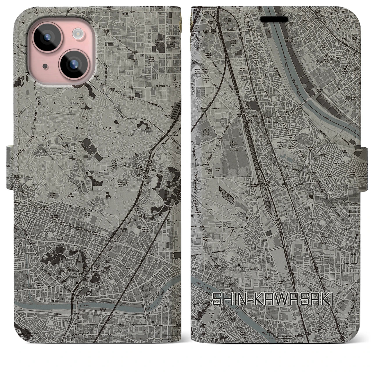 【新川崎(神奈川県)】地図柄iPhoneケース(手帳タイプ)モノトーン・iPhone 15 Plus 用