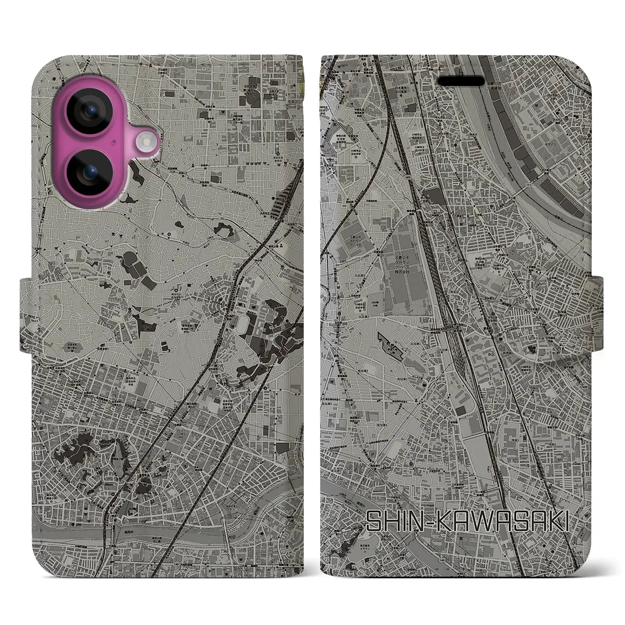 【新川崎(神奈川県)】地図柄iPhoneケース(手帳タイプ)モノトーン・iPhone 16 Pro 用