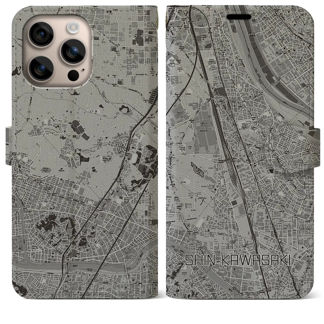 【新川崎(神奈川県)】地図柄iPhoneケース(手帳タイプ)モノトーン・iPhone 16 Plus 用