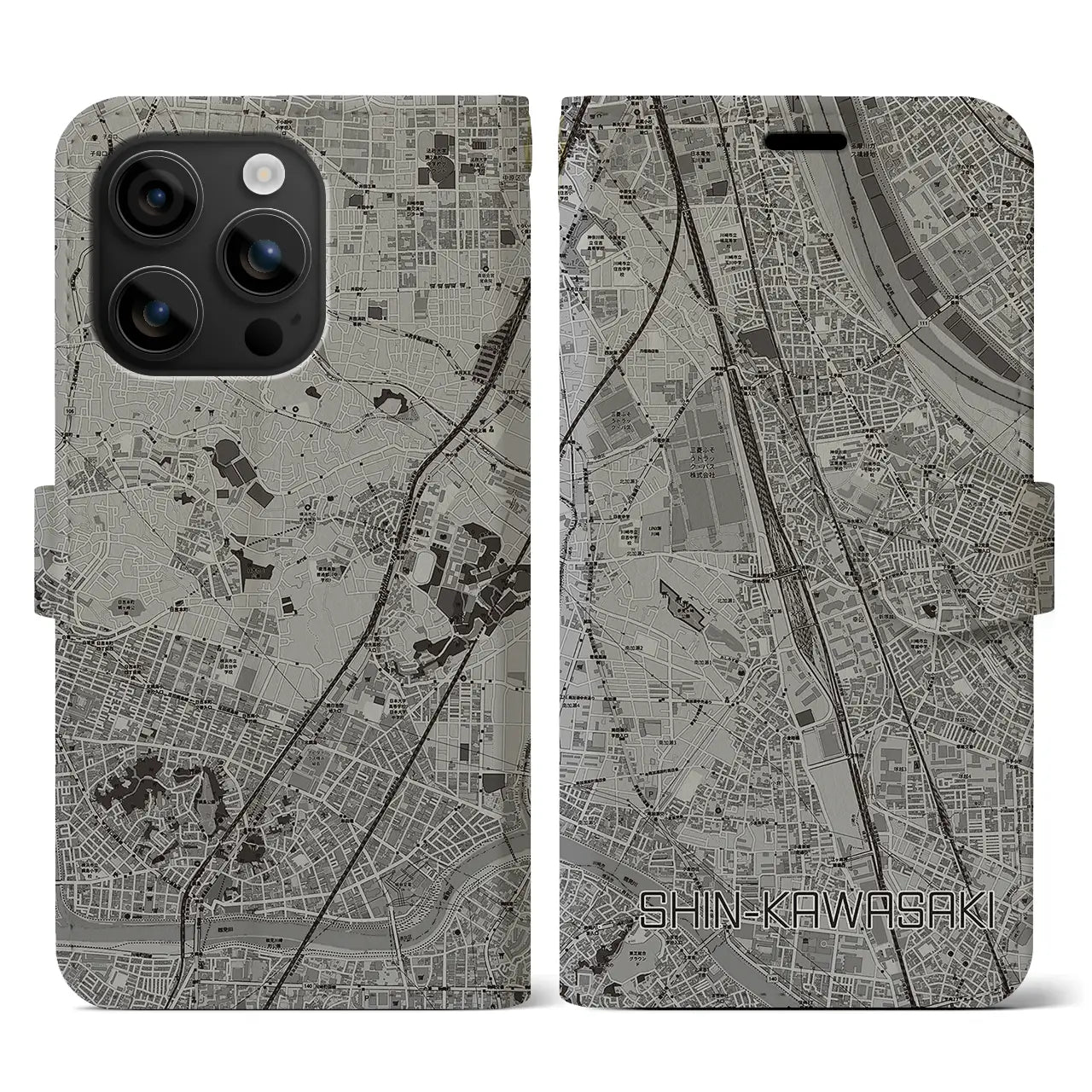 【新川崎(神奈川県)】地図柄iPhoneケース(手帳タイプ)モノトーン・iPhone 16 用
