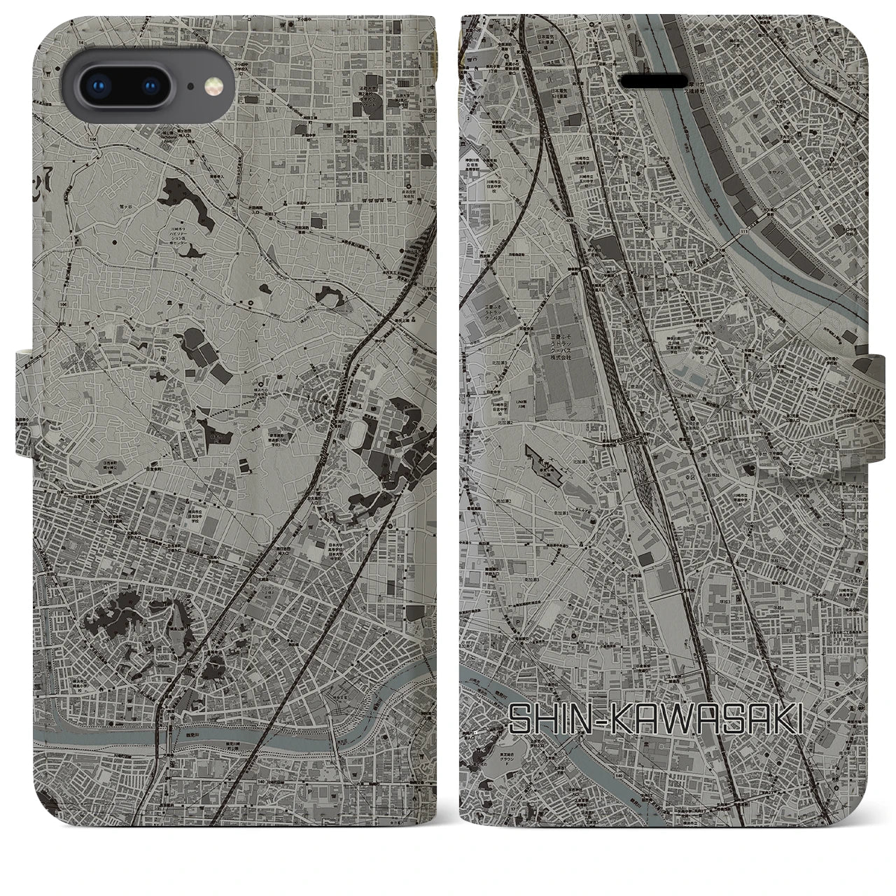 【新川崎(神奈川県)】地図柄iPhoneケース(手帳タイプ)モノトーン・iPhone 8Plus /7Plus / 6sPlus / 6Plus 用